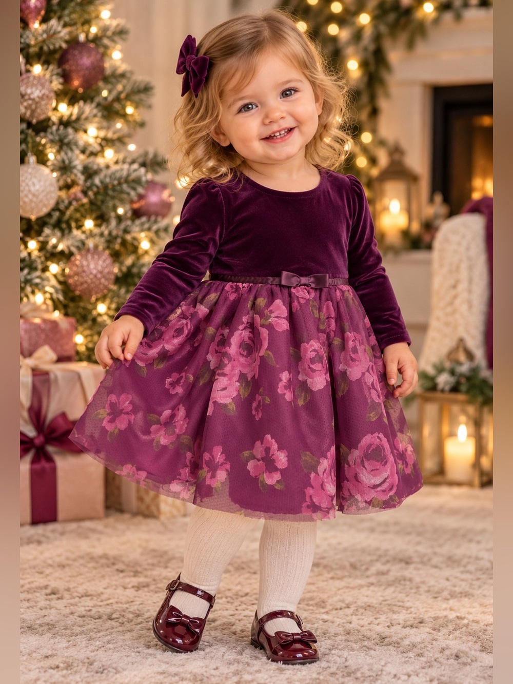 George Baby Girls Velvet Floral Tulle Dress 12-18M Plum Purple